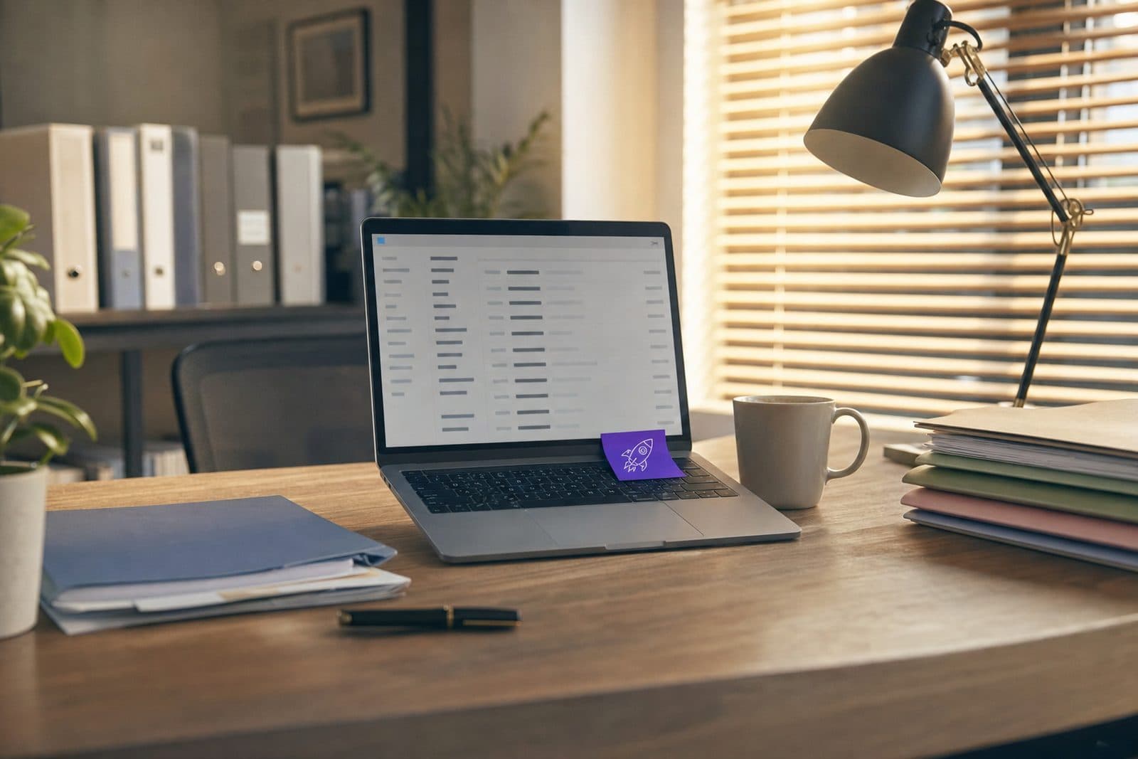 An office desk with insurance policy folders and a laptop