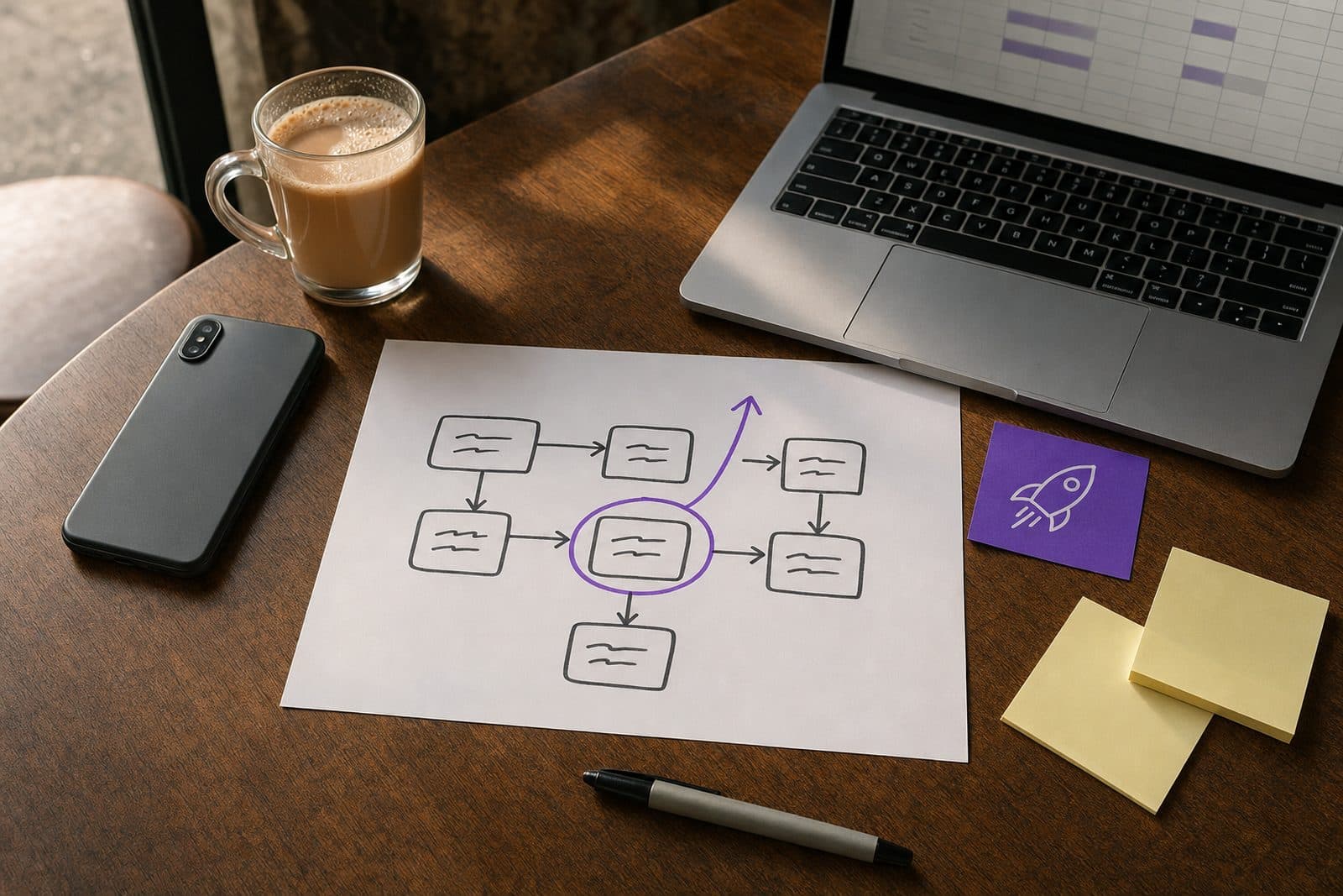 A hand-drawn workflow map on a cafe table with one step circled in violet and an arrow pointing up, beside a sticky note with a rocket doodle, a laptop and a glass of teh tarik
