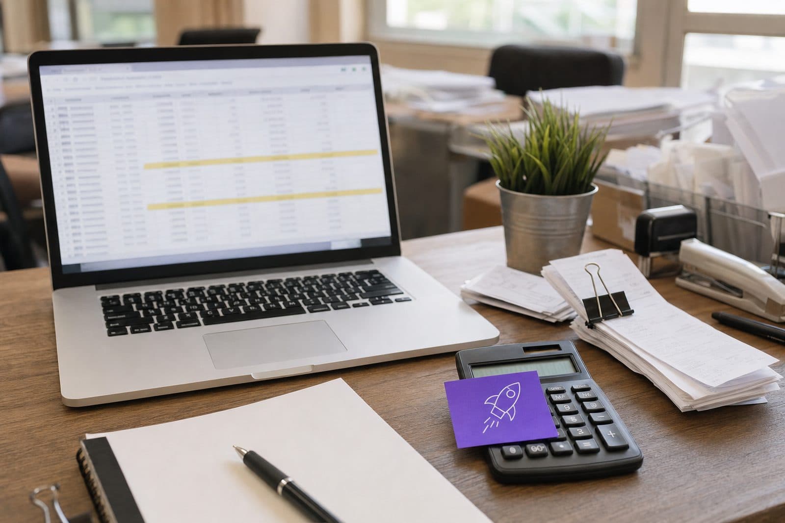 A back-office desk with receipts, payment slips and a spreadsheet on a laptop